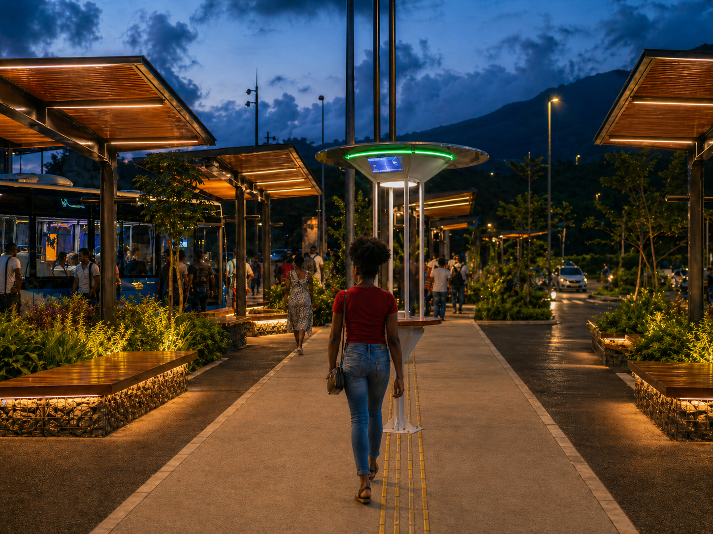 GUARDIAN en contexte urbain nocturne, anneau LED vert allumé